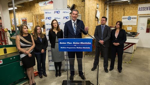 MIKE DEAL / WINNIPEG FREE PRESS PC leader Brian Pallister announced a plan to create jobs and economic growth during a campaign stop at AssentWorks on 125 Adelaide Street Wednesday afternoon. (from left) Allie Szarkiewicz, Sarah Langevin, Tracey Maconachie, Brain Pallister, James Teitsma and Heather Stefansom. 160330 - Wednesday, March 30, 2016