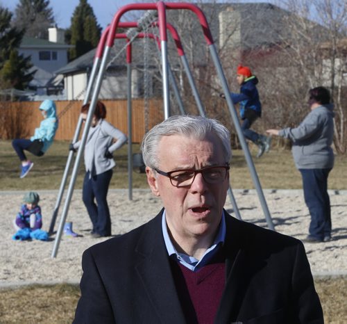 WAYNE GLOWACKI / WINNIPEG FREE PRESS    Premier Greg Selinger announces supports for parents at a NDP campaign event held at Siddall Werrell Park Thursday morning.   Nick Martin   March 31 2016