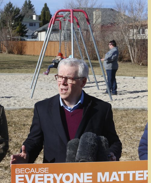 WAYNE GLOWACKI / WINNIPEG FREE PRESS    Premier Greg Selinger announces supports for parents at a NDP campaign event held at Siddall Werrell Park Thursday morning.    Nick Martin   March 31 2016