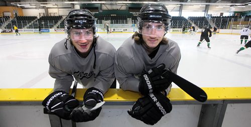 PHIL HOSSACK / WINNIPEG FREE PRESS Portage Terriers twins Shawn Bowles (right) and Brad Bowles (left) are on the brink of wrapping up the MJHL career, and looking ahead to a possible future as a CIS deadly duo. They're posing at a team workout in Portage la Prairie Thursday evening. See Melissa Martin's story.  MARCH 31, 2016