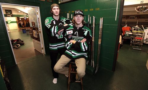 PHIL HOSSACK / WINNIPEG FREE PRESS Portage Terriers twins Shawn Bowles (right) and Brad Bowles (left) are on the brink of wrapping up the MJHL career, and looking ahead to a possible future as a CIS deadly duo. They're posing before a team workout in Portage la Prairie Thursday evening. See Melissa Martin's story.  MARCH 31, 2016
