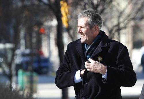WAYNE GLOWACKI / WINNIPEG FREE PRESS    Progressive Conservative Leader Brian Pallister arrives to make his campaign announcement Friday on his commitment to improved municipal partnerships. The event was held  in the City Hall Court yard with PC  candidates. Nick Martin story    April 1  2016