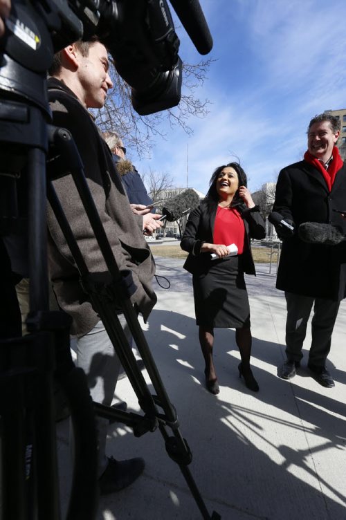 WAYNE GLOWACKI / WINNIPEG FREE PRESS  Manitoba Liberal leader Rana Bokhari makes a campaign announcement in Old Market Square Friday regarding downtown revitalization by promising to build a year-round fresh food market in downtown Winnipeg. Nick Martin story  April 1  2016