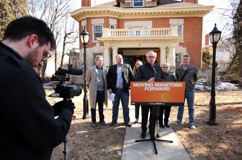 RUTH BONNEVILLE / WINNIPEG FREE PRESS  NDP Leader Greg Selinger holds press conference on a film set at at heritage home at 6 Ruskin Row announcing new supports for film the industry Friday.       April 01, 2016