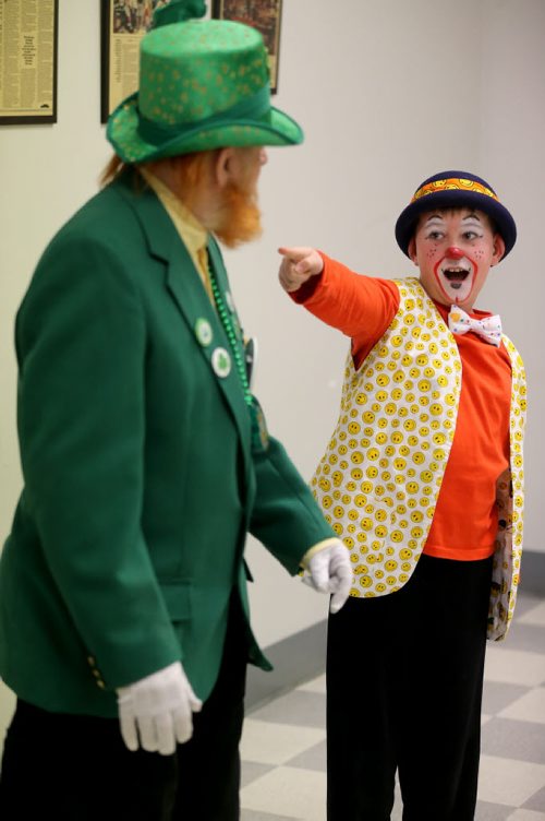TREVOR HAGAN / WINNIPEG FREE PRESS Wee Willy and Silly, 8, during a rehearsal at Crescentwood Community Centre, Thursday, March 31, 2016. They are members of the World Clown Association, and are having a show on April 23rd. 49.8 article for Dave Sanderson.