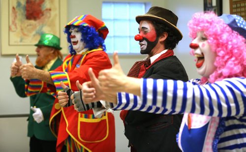 TREVOR HAGAN / WINNIPEG FREE PRESS Left to right, Wee Willy, Mr.Squiggly, Sleepy the Clown and Puff, during a rehearsal at Crescentwood Community Centre, Thursday, March 31, 2016. They are members of the World Clown Association, and are having a show on April 23rd. 49.8 article for Dave Sanderson.