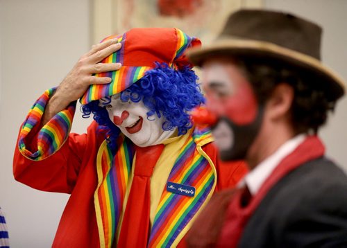 TREVOR HAGAN / WINNIPEG FREE PRESS Mr.Squiggly, left, and Sleepy the Clown, during a rehearsal at Crescentwood Community Centre, Thursday, March 31, 2016. They are members of the World Clown Association, and are having a show on April 23rd. 49.8 article for Dave Sanderson.