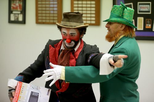TREVOR HAGAN / WINNIPEG FREE PRESS Sleepy the Clown, and Wee Willy, during a rehearsal at Crescentwood Community Centre, Thursday, March 31, 2016. They are members of the World Clown Association, and are having a show on April 23rd. 49.8 article for Dave Sanderson.