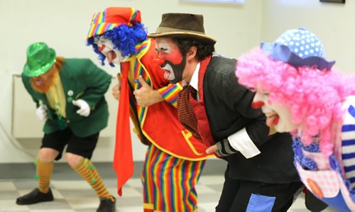 TREVOR HAGAN / WINNIPEG FREE PRESS Left to right, Wee Willy, Mr.Squiggly, Sleepy the Clown and Puff, during a rehearsal at Crescentwood Community Centre, Thursday, March 31, 2016. They are members of the World Clown Association, and are having a show on April 23rd. 49.8 article for Dave Sanderson.
