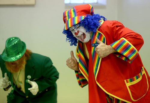 TREVOR HAGAN / WINNIPEG FREE PRESS Wee Willy, left, and Mr.Squiggly, during a rehearsal at Crescentwood Community Centre, Thursday, March 31, 2016. They are members of the World Clown Association, and are having a show on April 23rd. 49.8 article for Dave Sanderson.