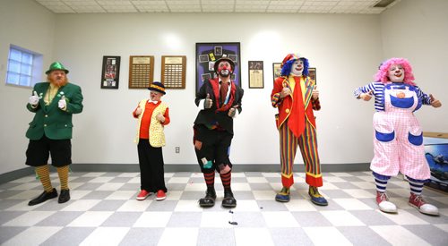 TREVOR HAGAN / WINNIPEG FREE PRESS Left to right, Wee Willy, Silly, Sleepy, Mr.Squiggly and Puff, during a rehearsal at Crescentwood Community Centre, Thursday, March 31, 2016. The Winnipeg members of the World Clown Association are having a show on April 23rd. 49.8 article for Dave Sanderson.
