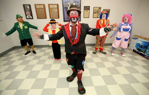 TREVOR HAGAN / WINNIPEG FREE PRESS Left to right, Wee Willy, Silly, Sleepy, Mr.Squiggly and Puff, during a rehearsal at Crescentwood Community Centre, Thursday, March 31, 2016. The Winnipeg members of the World Clown Association are having a show on April 23rd. 49.8 article for Dave Sanderson.