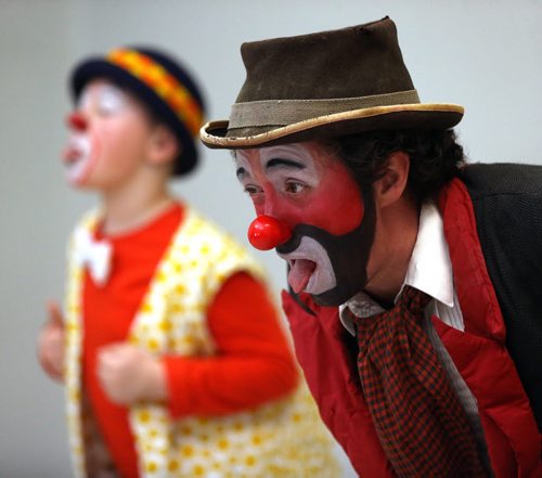 TREVOR HAGAN / WINNIPEG FREE PRESS Left to right, Silly, and Sleepy the Clown, during a rehearsal at Crescentwood Community Centre, Thursday, March 31, 2016. The Winnipeg members of the World Clown Association are having a show on April 23rd. 49.8 article for Dave Sanderson.