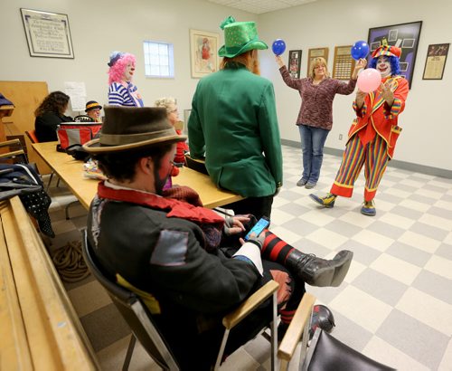 TREVOR HAGAN / WINNIPEG FREE PRESS Winnipeg members of the World Clown Association, during a rehearsal at Crescentwood Community Centre, Thursday, March 31, 2016. They are having a show on April 23rd. 49.8 article for Dave Sanderson.