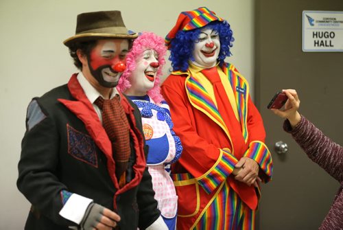 TREVOR HAGAN / WINNIPEG FREE PRESS Left to right, Sleepy the Clown, Puff and Mr. Squiggly, laughing after watching a recording of their performance during rehearsal at Crescentwood Community Centre, Thursday, March 31, 2016. The Winnipeg members of the World Clown Association are having a show on April 23rd. 49.8 article for Dave Sanderson.