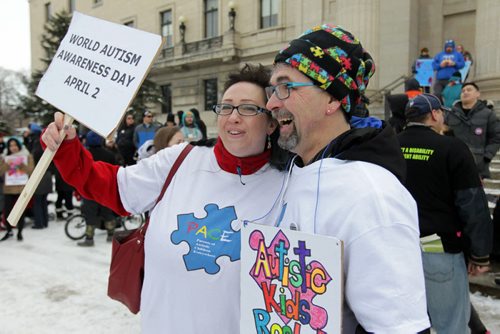 RUTH BONNEVILLE / WINNIPEG FREE PRESS  Founders of Autism Manitoba Lou Lovrin and Mike Wilwand, celebrate World Autism Awareness Day with walk to Leg with families and friends with autistic children Saturday.    April 02, 2016
