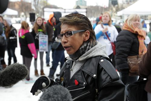 RUTH BONNEVILLE / WINNIPEG FREE PRESS  Anti-CFS protestor Susan Caribou, is outspoken towards the ills of CFS to the media in front of the Legislative Building Saturday   See Alex Paul story for more info.      April 02, 2016