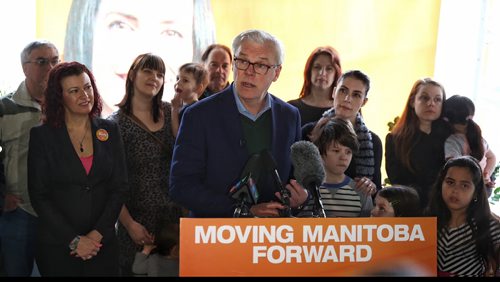 MIKE DEAL / WINNIPEG FREE PRESS  NDP leader Greg Selinger pledged that if elected his government would create a new $25-million capital fund to build public and community-operated child care centres during a stop at MLA hopeful Deanne Crothers campaign offices on Portage Avenue Sunday morning.   160403 Sunday, April 03, 2016