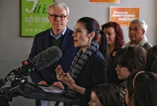MIKE DEAL / WINNIPEG FREE PRESS  NDP MLA hopeful Deanne Crother introduces leader Greg Selinger during an announcement that if elected their government would create a new $25-million capital fund to build public and community-operated child care centres during a stop at Deanne Crothers campaign offices on Portage Avenue Sunday morning.   160403 April 03, 2016