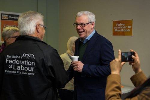 MIKE DEAL / WINNIPEG FREE PRESS NDP leader Greg Selinger talks to Ron Stecy after dropping by Christine Melnick's campaign office Sunday afternoon to chat with a number of volunteers that were getting ready to go out canvasing. 160403 - Sunday, April 03, 2016