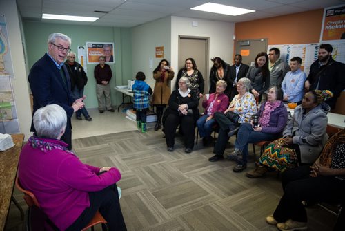 MIKE DEAL / WINNIPEG FREE PRESS NDP leader Greg Selinger drops by Christine Melnick's campaign office Sunday afternoon to chat with a number of volunteers that were getting ready to go out canvasing. 160403 - Sunday, April 03, 2016