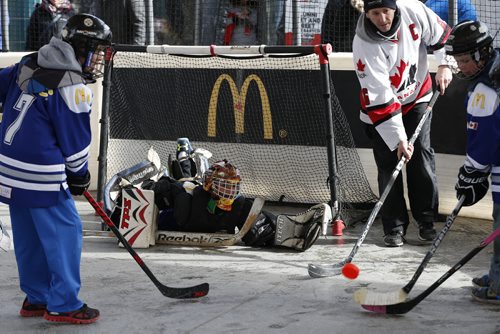 JOHN WOODS / WINNIPEG FREE PRESS Children play hockey at the Hometown Hockey event at The Forks Sunday, April 3, 2016.