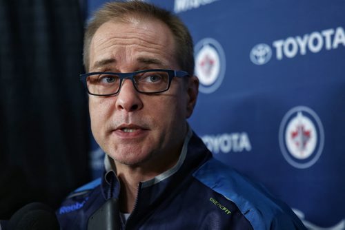 MIKE DEAL / WINNIPEG FREE PRESS  Winnipeg Jets head coach Paul Maurice talks to the media before the team heads to Anaheim to get ready for tomorrow nights game against the Ducks.    160404 Monday, April 04, 2016