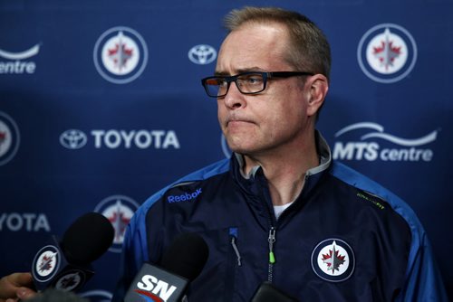 MIKE DEAL / WINNIPEG FREE PRESS  Winnipeg Jets head coach Paul Maurice talks to the media before the team heads to Anaheim to get ready for tomorrow nights game against the Ducks.    160404 Monday, April 04, 2016
