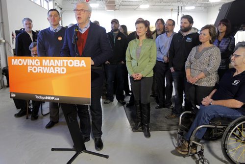 BORIS MINKEVICH / WINNIPEG FREE PRESS NDP makes Trades Announcement at Operating Engineers Training Institute of Manitoba. NDP Leader Greg Selinger makes his announcement with NDP candidates to his left and right: Joe McKellep (Assiniboia) and Sharon Blady (Kirkfield Park, in green). April 4, 2016
