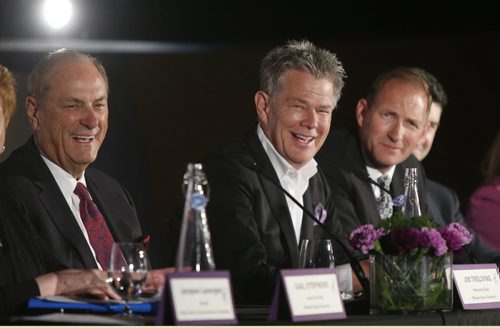At an event Monday morning at the CMHR, Grammy Award-winning producer David Foster, centre with Jim Treliving, Honourary Chair, Miracle Gala and Concert at left and Michael Ravenhill, DFF CEO  at the ¤announcement of the upcoming 2016 David Foster Foundation Miracle Gala & Concert Sept. 24¤in Winnipeg.¤ Erin Lebar story. WAYNE GLOWACKI / WINNIPEG FREE PRESS   April 4  2016