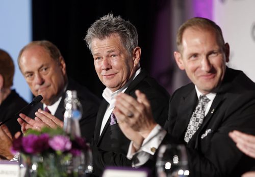 At an event Monday morning at the CMHR, Grammy Award-winning producer David Foster, centre with Jim Treliving, Honourary Chair, Miracle Gala and Concert at left and Michael Ravenhill, DFF CEO  at the announcement of the upcoming 2016 David Foster Foundation Miracle Gala & Concert ¤Sept. 24¤in Winnipeg.¤ Erin Lebar story. WAYNE GLOWACKI / WINNIPEG FREE PRESS   April 4  2016