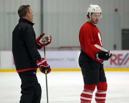 BORIS MINKEVICH / WINNIPEG FREE PRESS One on one ice session between Scott Glennie, right, former first round draft pick and former NHLer turned consultant Adam Oates. Photo taken at MTS Iceplex. April 4, 2016