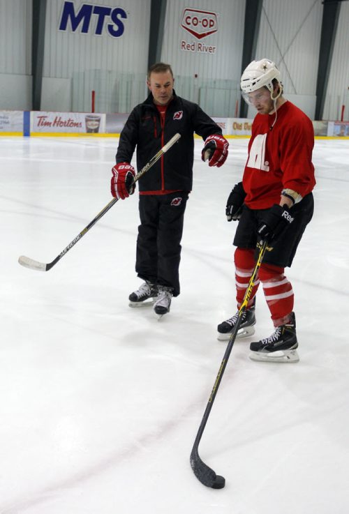 BORIS MINKEVICH / WINNIPEG FREE PRESS One on one ice session between Scott Glennie, right,  former first round draft pick and former NHLer turned consultant Adam Oates. Photo taken at MTS Iceplex. April 4, 2016