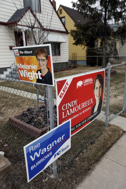 WAYNE GLOWACKI / WINNIPEG FREE PRESS  Manitoba Election signs along Mountain Ave. at Kildarroch St. Tuesday.  Kristin Annable  story April 5  2016