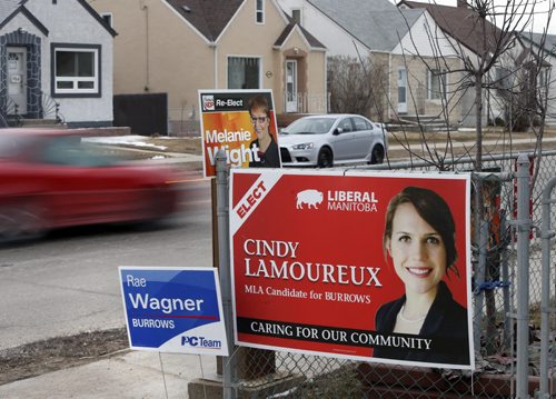 WAYNE GLOWACKI / WINNIPEG FREE PRESS  Manitoba Election signs along Mountain Ave. at Kildarroch St. Tuesday. Kristin Annable  story April 5  2016