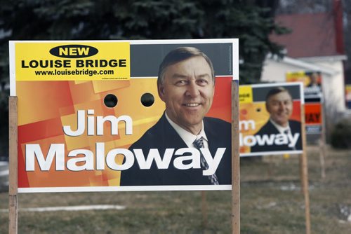 WAYNE GLOWACKI / WINNIPEG FREE PRESS  NDP candidate Jim Maloway's Manitoba Election signs along Hespeler Ave. Tuesday. Kristin Annable  story  April 5  2016
