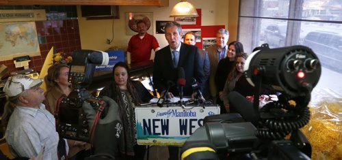 WAYNE GLOWACKI / WINNIPEG FREE PRESS  Progressive Conservative Leader Brian Pallister makes a trade and economy announcement Tuesday at the Tenderloin Meat and Sausage store on north Main St.     Bart Kives story  April 5  2016