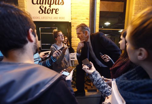 WAYNE GLOWACKI / WINNIPEG FREE PRESS  Progressive Conservative Leader Brian Pallister is interviewed by journalism students at Red River College's Roblin Center  Tuesday.   For  Bart Kives behind the scenes story  April 5  2016
