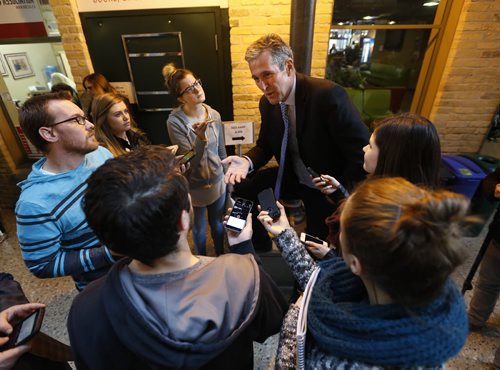WAYNE GLOWACKI / WINNIPEG FREE PRESS  Progressive Conservative Leader Brian Pallister is interviewed by journalism students at Red River College's Roblin Center Tuesday.   For  Bart Kives behind the scenes story  April 5  2016
