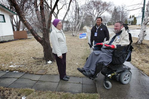 RUTH BONNEVILLE / WINNIPEG FREE PRESS  Tory candidate Steven Fletcher makes his way along Stewart Street in the Assiniboia riding door-knocking with PC volunteers Tuesday.     April 05, 2016RUTH BONNEVILLE / WINNIPEG FREE PRESS  Tory candidate Steven Fletcher talks to residents of Madis Hyde Assiniboia riding while door-knocking with PC volunteers Tuesday.  Volunteer in picture is Jose   See Carol Sanders story.      April 05, 2016RUTH BONNEVILLE / WINNIPEG FREE PRESS  Tory candidate Steven Fletcher talks to residents of Madis Hyde Assiniboia riding while door-knocking with PC volunteers Tuesday.  PC Volunteer in picture is Jose Tomas.   See Carol Sanders story.      April 05, 2016