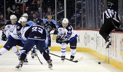 PHIL HOSSACK / WINNIPEG FREE PRESS Brendan Lemieux #48 made his professional debut Tuesday with the Manitoba Moose. See story. - April 5, 2016