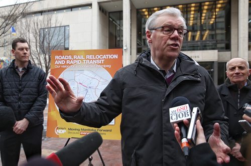 MIKE DEAL / WINNIPEG FREE PRESS  NDP leader Greg Selinger outlined a plan to create an inner ring road, move rail lines and share costs 50/50 with federal government during a campaign announcement outside City Hall Wednesday morning.   160406 April 06, 2016