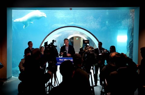 RUTH BONNEVILLE / WINNIPEG FREE PRESS  Progressive Conservative Leader Brian Pallister  announces new investments to promote tourism in Manitoba at the Journey to Churchill exhibit at The   Assiniboine Park Zoo Wednesday.     April 06, 2016