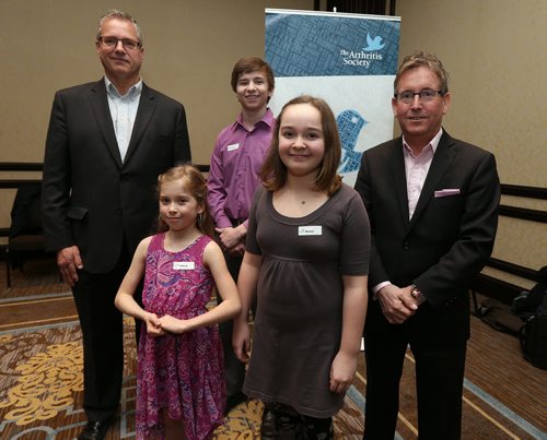 JASON HALSTEAD / WINNIPEG FREE PRESS  Clockwise, from top left: Randy Williams (co-chair, Prairie Division-Manitoba/Nunavut Arthritis Society), Colin Johnson, Jeff Morton (committee member, Prairie Division-Manitoba/Nunavut Arthritis Society), Naomi Hudson and Allison Tucker at the Arthritis Society's second annual Faces of Childhood luncheon March 9, 2016, at the Fairmont Winnipeg hotel. (See Social Page)