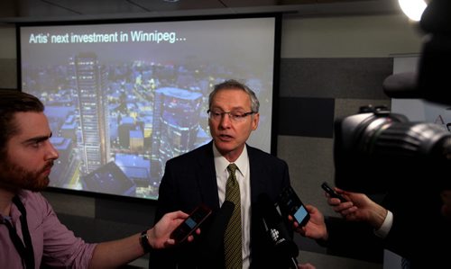 RUTH BONNEVILLE / WINNIPEG FREE PRESS  President & CEO, Artis REIT Mr. Armin Martens, answers questions from the media at press conference where he announced his company's  plans for a complete renewal of the existing curtain wall and environmental barrier at 360 MAIN and build a new high-rise apartment complex  at 300 MAIN.   See Murray McNeil story.   April 07, 2016