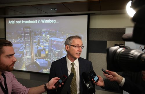 RUTH BONNEVILLE / WINNIPEG FREE PRESS  President & CEO, Artis REIT Mr. Armin Martens, answers questions from the media at press conference where he announced his company's  plans for a complete renewal of the existing curtain wall and environmental barrier at 360 MAIN and build a new high-rise apartment complex  at 300 MAIN.   See Murray McNeil story.   April 07, 2016