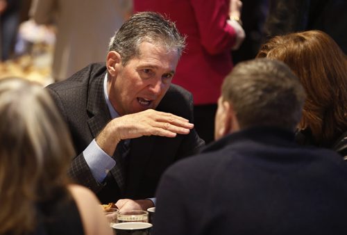 WAYNE GLOWACKI / WINNIPEG FREE PRESS    Progressive Conservative leader Brian Pallister chats with candidates and supporters prior to releasing his party's platform Friday morning at an event at the Smith Restaurant, Inn at the Forks. Larry Kusch/Dan Lett Stories  April 8  2016