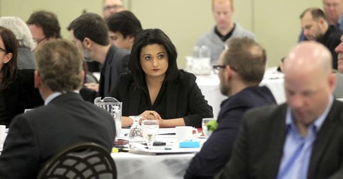 PHIL HOSSACK / WINNIPEG FREE PRESS Rana Bokhari reflects before speaking to the Manitoba Trucking Association Friday at the convention centre. See story.  APRIL 8, 2016