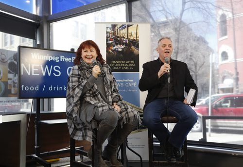 WAYNE GLOWACKI / WINNIPEG FREE PRESS   Mary Walsh, in Winnipeg for the Winnipeg Comedy Festival 2016 speaks to Brad Oswald in the Winnipeg Free Press News Cafe Friday.  April 8  2016