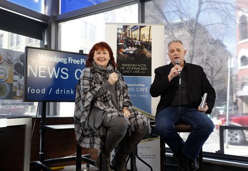 WAYNE GLOWACKI / WINNIPEG FREE PRESS   Mary Walsh, in Winnipeg for the Winnipeg Comedy Festival 2016 speaks to Brad Oswald in the Winnipeg Free Press News Cafe Friday.  April 8  2016